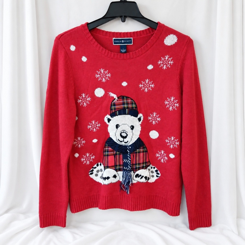 Karen Scott Polar Bear Ugly Christmas Sweater Womens Large Red 3D Scarf Holiday